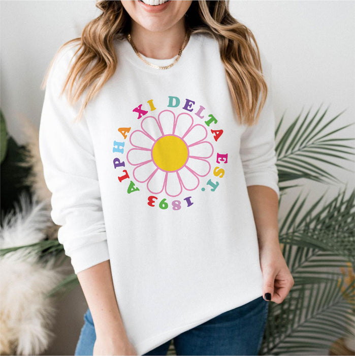Alpha Xi Delta Rainbow Daisy Crewneck Sweatshirt Alpha Xi Delta Rainbow Daisy Crewneck Sweatshirt