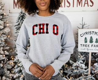Printify Chi Omega Christmas Plaid Nickname Crewnecks Chi Omega Christmas Plaid Nickname Crewnecks