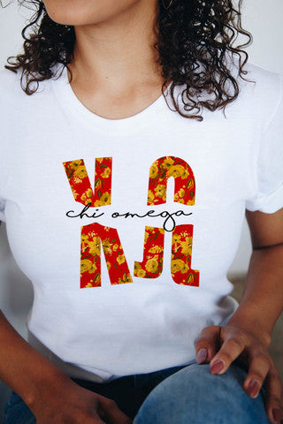 Chi Omega Chi Omega Floral Big Lettered T-Shirts