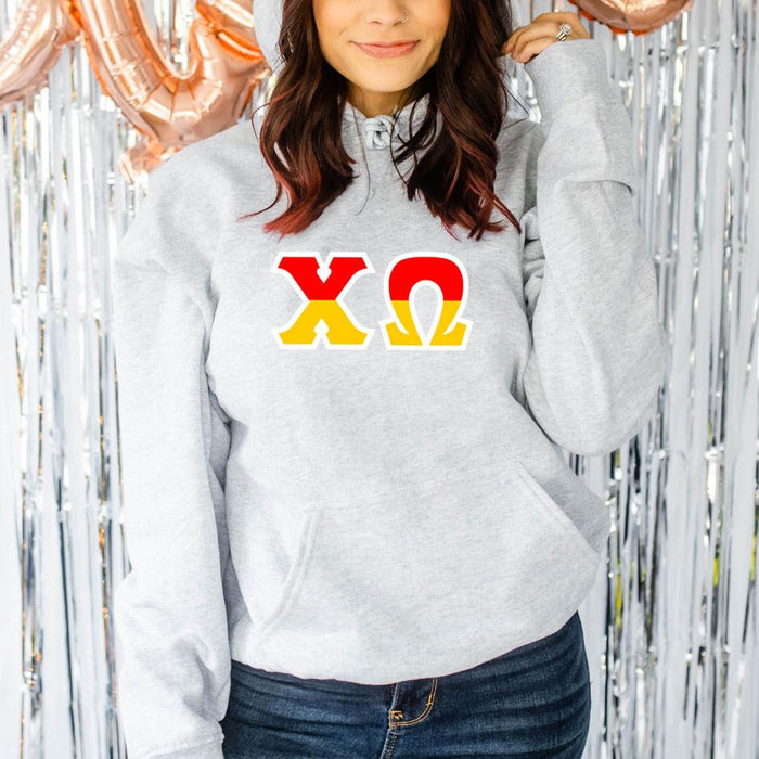 Printify Chi Omega Two Tone Lettered Hooded Sweatshirts Chi Omega Two Tone Lettered Hooded Sweatshirts