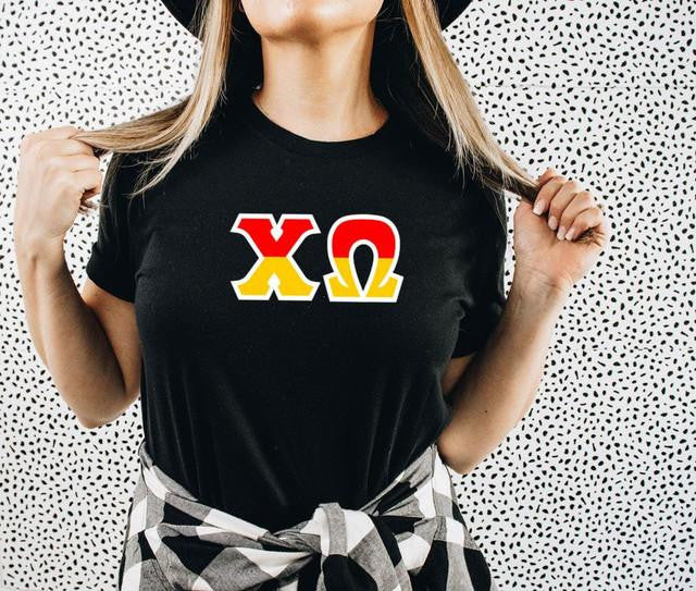 Chi Omega Two Toned Greek Lettered T Shirts Chi Omega Two Toned Greek Lettered T-shirts