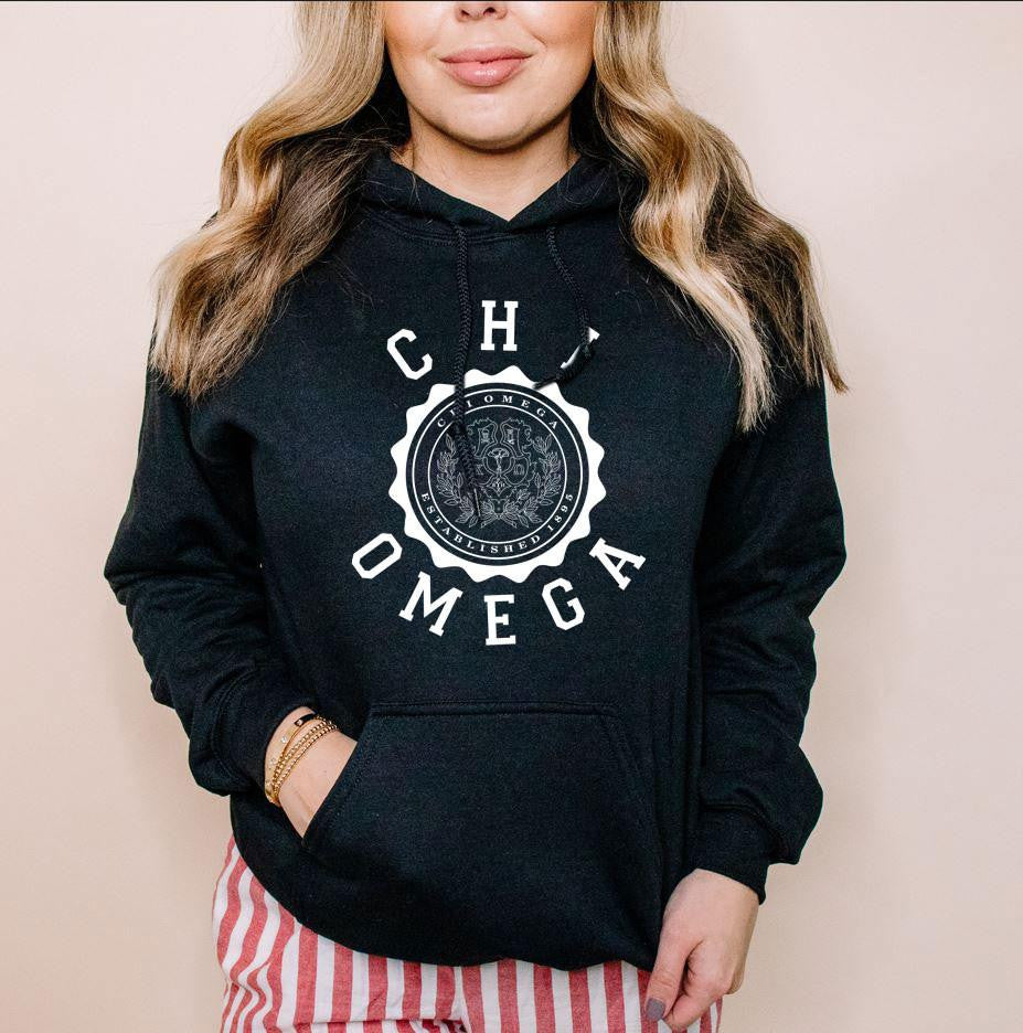 Printify Chi Omega Unisex College Seal Hoodie Chi Omega Unisex College Seal Hoodie