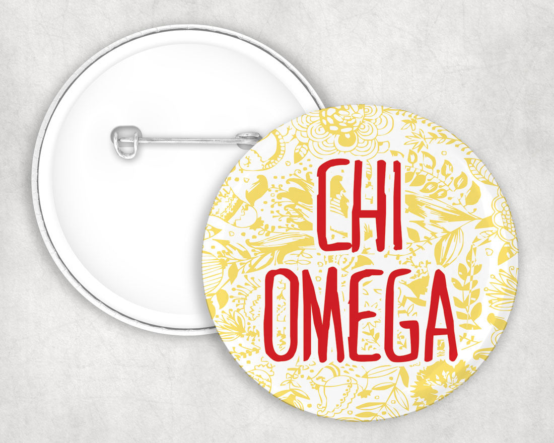 Chi Omega Floral Text Pin Buttons Chi Omega floral-text Pin Buttons