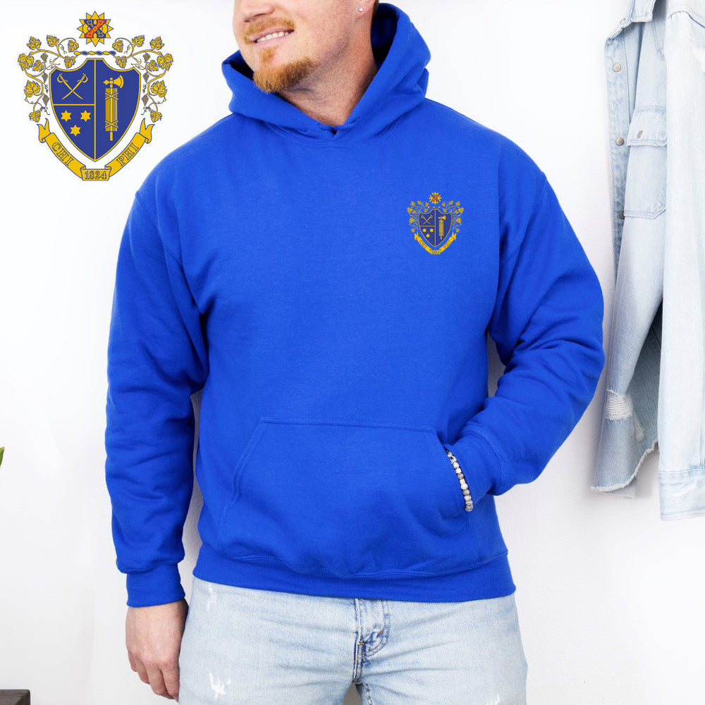 Discount Chi Phi Crest Shield Emblem Hooded Sweatshirt DISCOUNT-Chi Phi Crest - Shield Emblem Hooded Sweatshirt