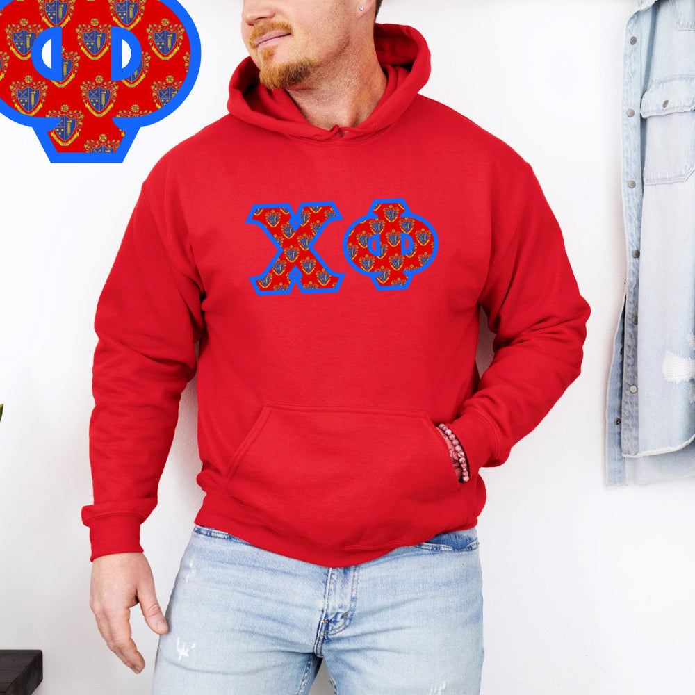 Chi Phi Fraternity Crest Shield Twill Letter Hooded Sweatshirt Chi Phi Fraternity Crest - Shield Twill Letter Hooded Sweatshirt