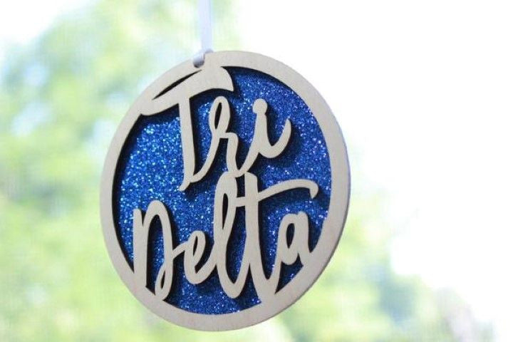 Delta Delta Delta Laser Carved Script Ornament 3" Round Delta Delta Delta Laser Carved Script Ornament - 3