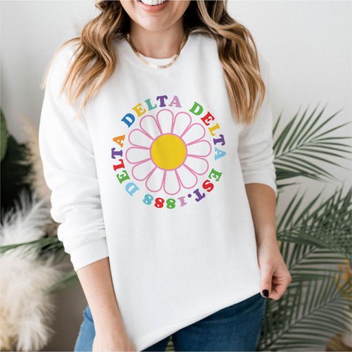 Delta Delta Delta Delta Delta Delta Rainbow Daisy Crewneck Sweatshirt