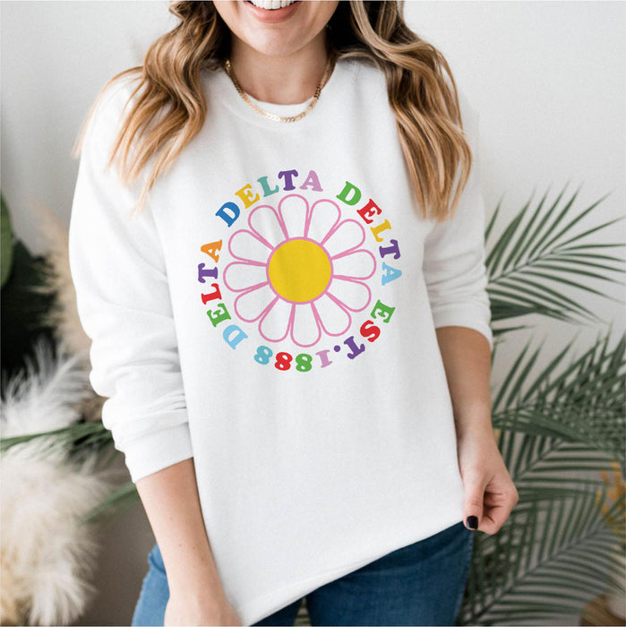 Delta Delta Delta Rainbow Daisy Crewneck Sweatshirt Delta Delta Delta Rainbow Daisy Crewneck Sweatshirt