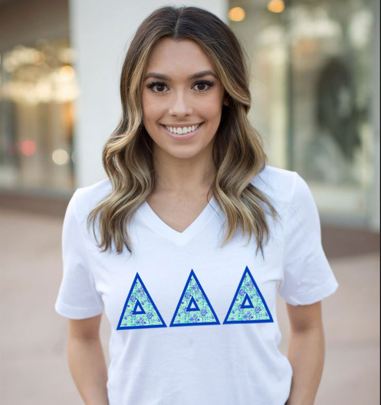 Discount Delta Delta Delta Lettered V Neck Tee DISCOUNT-Delta Delta Delta Lettered V-Neck Tee