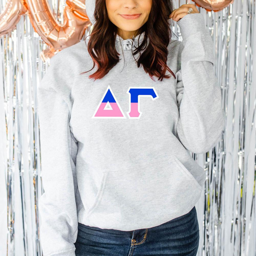 Printify Delta Gamma Two Tone Lettered Hooded Sweatshirts Delta Gamma Two Tone Lettered Hooded Sweatshirts