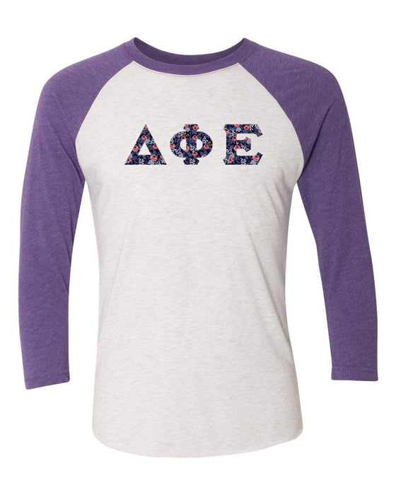 Delta Phi Epsilon Unisex Tri Blend Three Quarter Sleeve Baseball Raglan Tee Delta Phi Epsilon Unisex Tri-Blend Three-Quarter Sleeve Baseball Raglan Tee