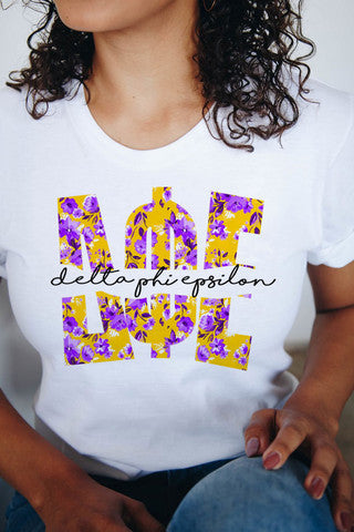 Delta Phi Epsilon Floral Big Lettered T Shirts Delta Phi Epsilon Floral Big Lettered T-Shirts
