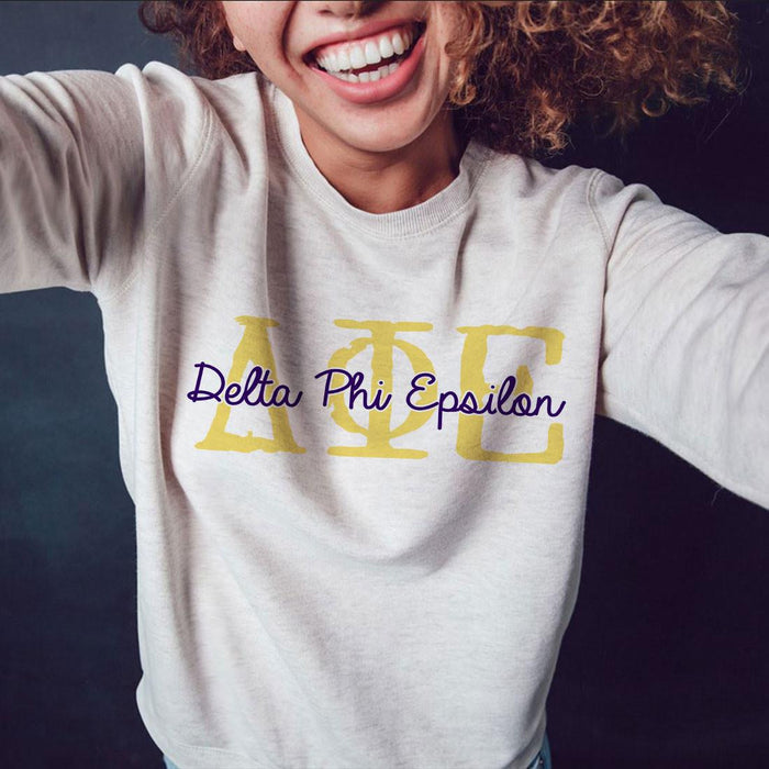 Printify Delta Phi Epsilon Greek Type Crewneck Sweatshirts Delta Phi Epsilon Greek Type Crewneck Sweatshirts