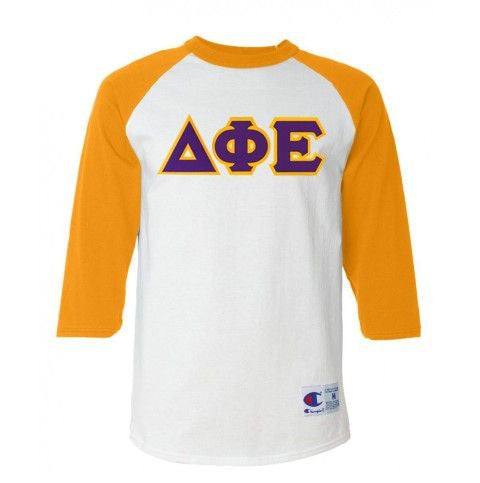 Delta Phi Epsilon DISCOUNT-Delta Phi Epsilon Lettered Raglan Shirt