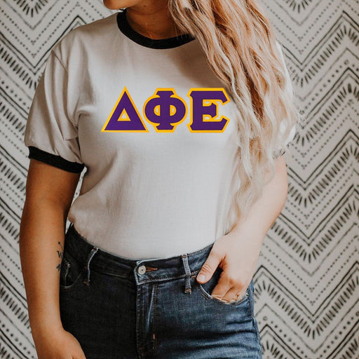 Delta Phi Epsilon DISCOUNT-Delta Phi Epsilon Lettered Ringer Shirt