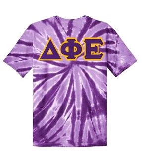 Discount Delta Phi Epsilon Lettered Tie Dye T Shirts For Only $30! DISCOUNT-Delta Phi Epsilon Lettered Tie-Dye t-shirts