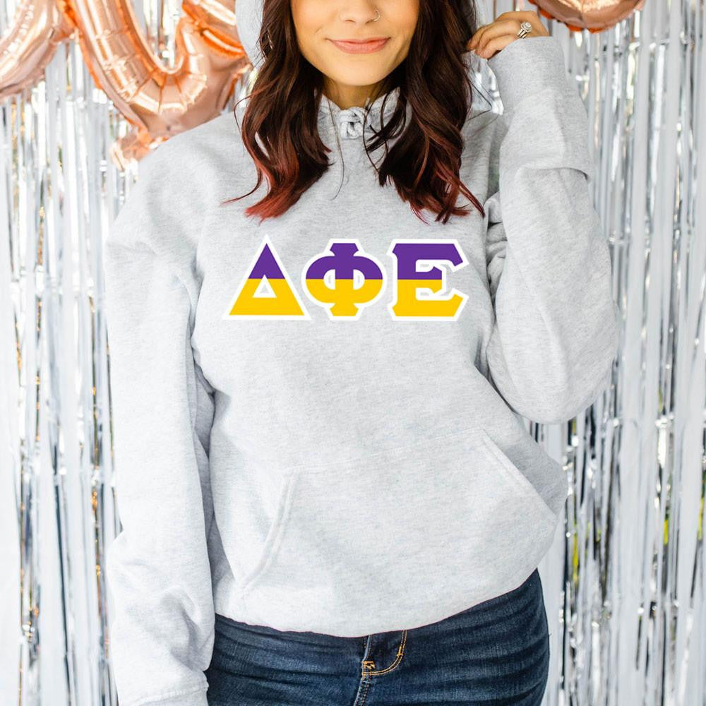 Printify Delta Phi Epsilon Two Tone Lettered Hooded Sweatshirts Delta Phi Epsilon Two Tone Lettered Hooded Sweatshirts