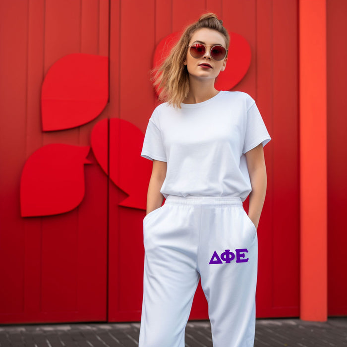 Delta Phi Epsilon Lettered Thigh Sweatpants Delta Phi Epsilon Lettered Thigh Sweatpants