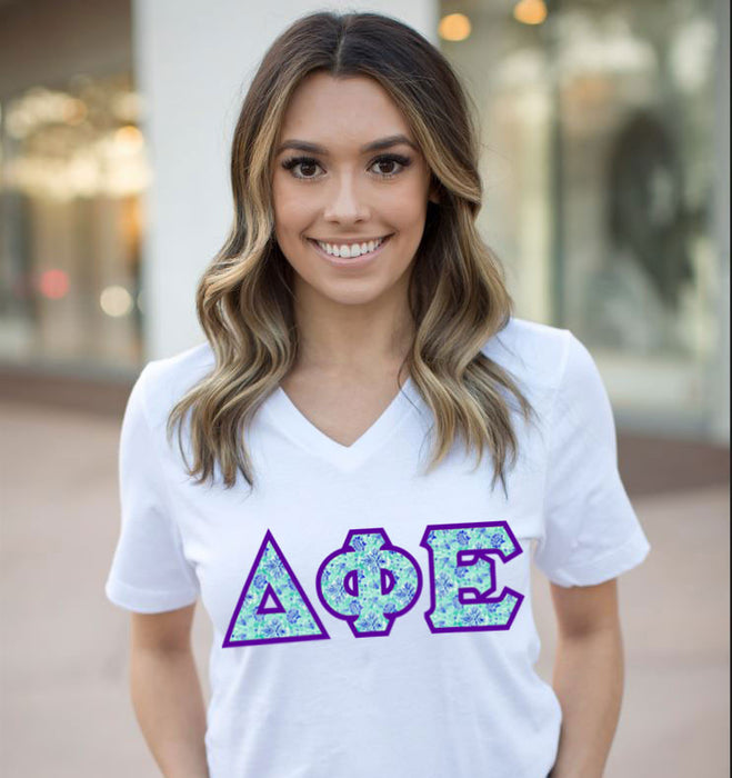 Discount Delta Phi Epsilon Lettered V Neck Tee DISCOUNT-Delta Phi Epsilon Lettered V-Neck Tee