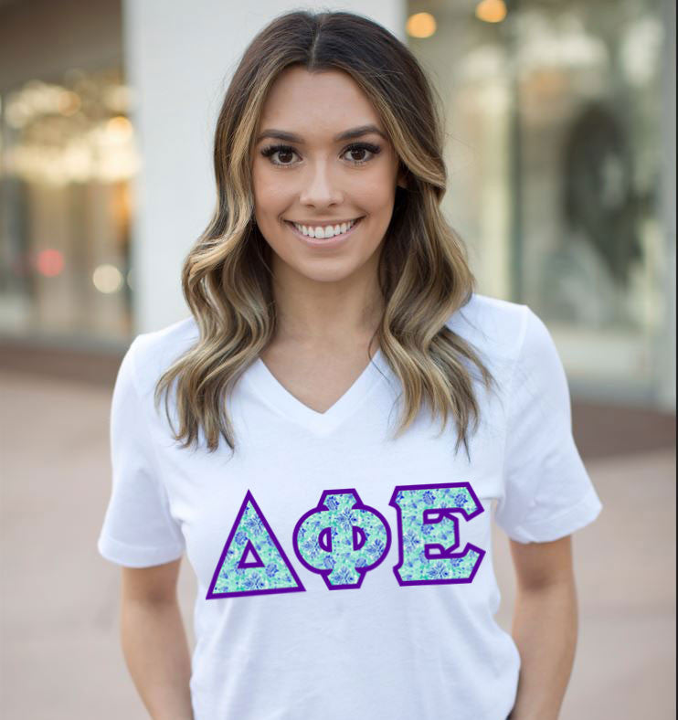 Discount Delta Phi Epsilon Lettered V Neck Tee DISCOUNT-Delta Phi Epsilon Lettered V-Neck Tee