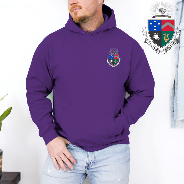 Discount Delta Tau Delta Crest Shield Emblem Hooded Sweatshirt DISCOUNT-Delta Tau Delta Crest - Shield Emblem Hooded Sweatshirt