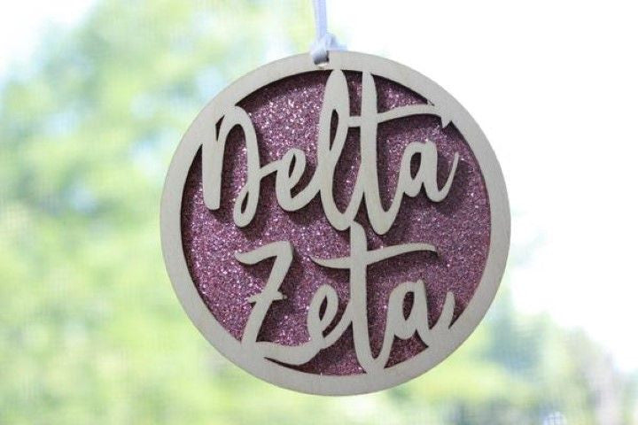 Delta Zeta Laser Carved Script Ornament 3" Round Delta Zeta Laser Carved Script Ornament - 3