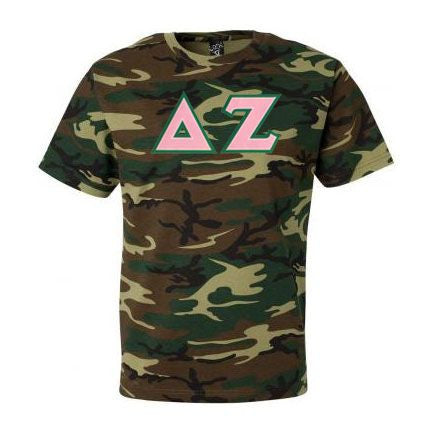 Discount Delta Zeta Lettered Camouflage T Shirt DISCOUNT-Delta Zeta Lettered Camouflage T-Shirt
