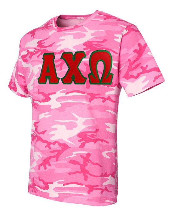 Discount Alpha Chi Omega Lettered Camouflage T Shirt DISCOUNT-Alpha Chi Omega Lettered Camouflage T-Shirt