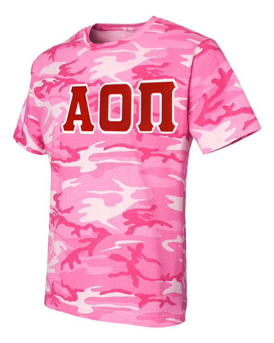 Discount Alpha Omicron Pi Lettered Camouflage T Shirt DISCOUNT-Alpha Omicron Pi Lettered Camouflage T-Shirt