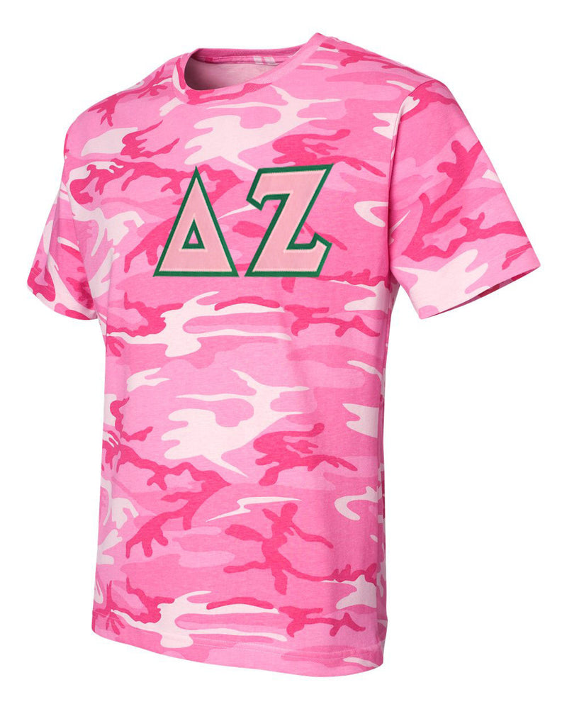 Discount Delta Zeta Lettered Camouflage T Shirt DISCOUNT-Delta Zeta Lettered Camouflage T-Shirt