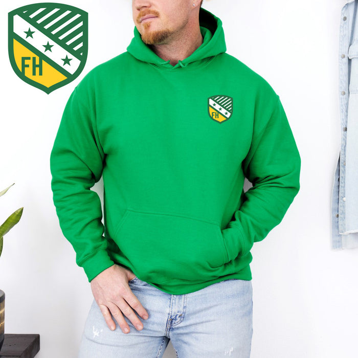 Discount Farmhouse Fraternity Crest Shield Emblem Hooded Sweatshirt DISCOUNT-FarmHouse Fraternity Crest - Shield Emblem Hooded Sweatshirt