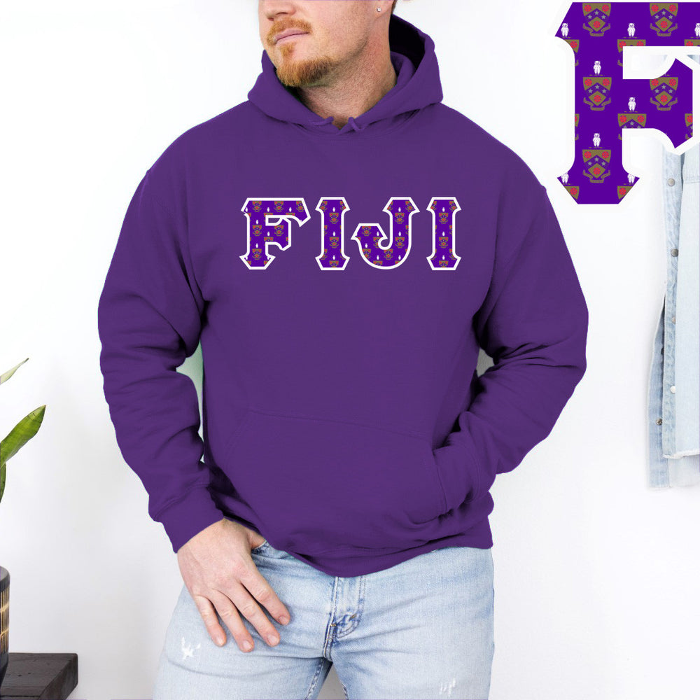 Fiji Fraternity Crest Shield Twill Letter Hooded Sweatshirt FIJI Fraternity Crest - Shield Twill Letter Hooded Sweatshirt