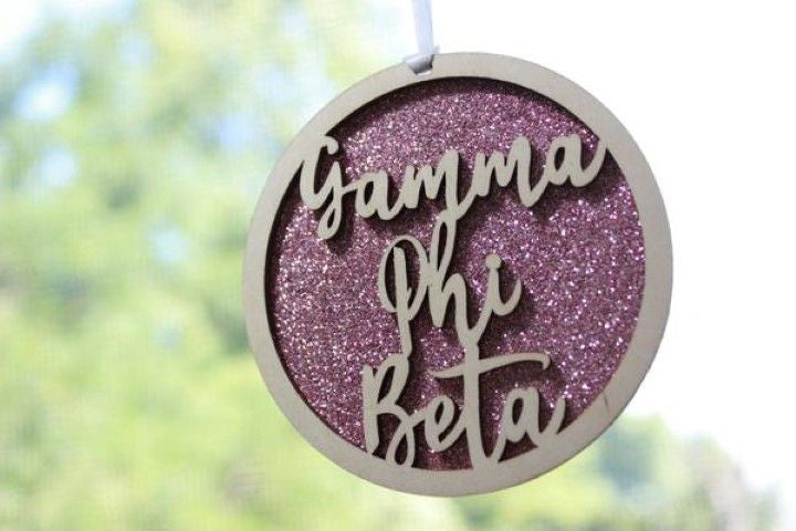 Gamma Phi Beta Laser Carved Script Ornament 3" Round Gamma Phi Beta Laser Carved Script Ornament - 3