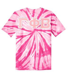 Discount Gamma Phi Beta Lettered Tie Dye T Shirts For Only $30! DISCOUNT-Gamma Phi Beta Lettered Tie-Dye t-shirts