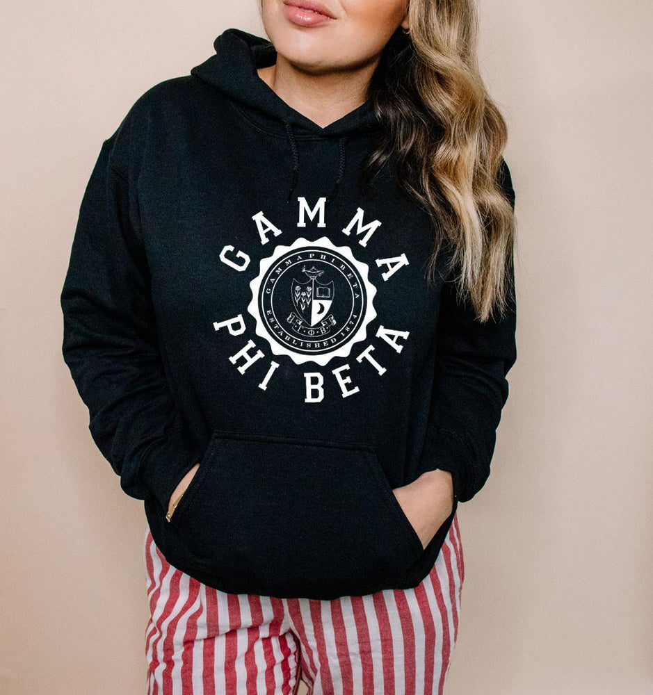 Printify Gamma Phi Beta Unisex College Seal Hoodie Gamma Phi Beta Unisex College Seal Hoodie