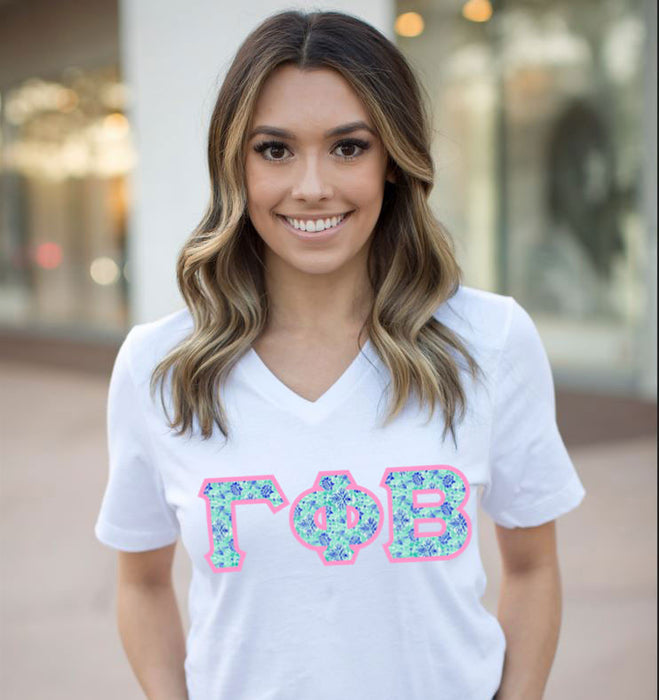 Discount Gamma Phi Beta Lettered V Neck Tee DISCOUNT-Gamma Phi Beta Lettered V-Neck Tee
