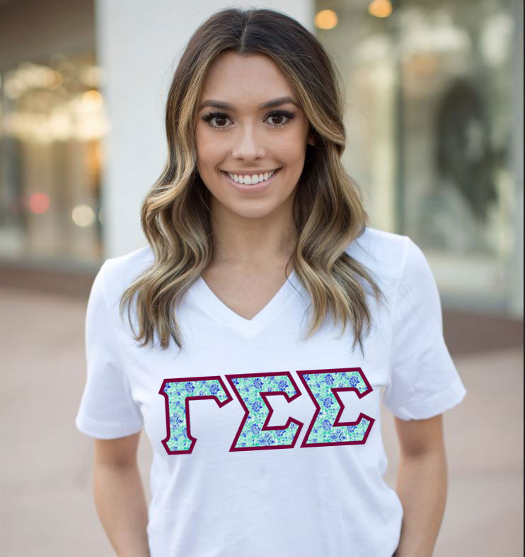 Discount Gamma Sigma Sigma Lettered V Neck Tee DISCOUNT-Gamma Sigma Sigma Lettered V-Neck Tee