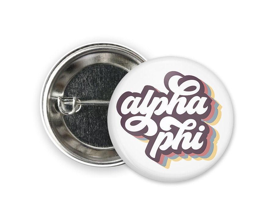Alpha Phi Retro Script Greek Pinback Sorority Button Alpha Phi Retro Script  Greek Pinback Sorority  Button