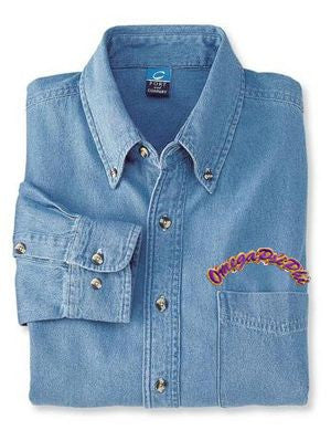 Discount Omega Psi Phi Denim Shirt Script Letters DISCOUNT-Omega Psi Phi Denim Shirt - Script Letters