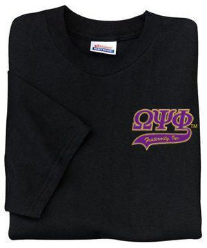 Discount Omega Psi Phi T Shirt, Embroidered Letters And Swoosh DISCOUNT-Omega Psi Phi T-Shirt etters and swoosh