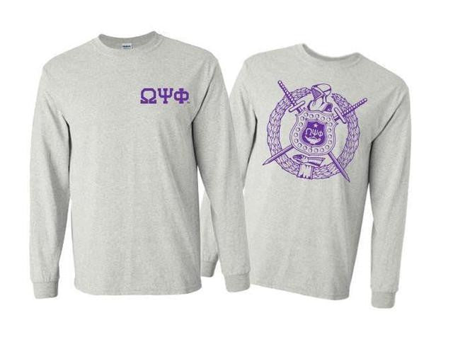 Printify Omega Psi Phi World Famous Crest Long Sleeve T Shirt Omega Psi Phi World Famous Crest Long Sleeve T-Shirt