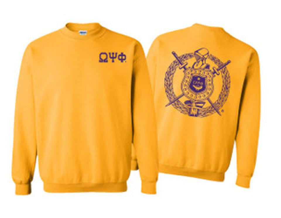 Printify Omega Psi Phi World Famous Crest Shield Crewneck Sweatshirts Omega Psi Phi World Famous Crest - Shield Crewneck Sweatshirts