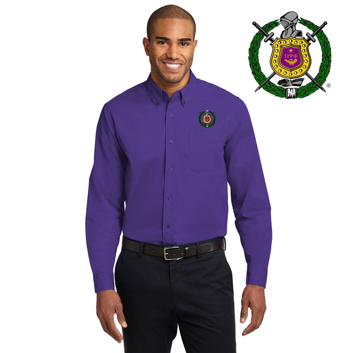 Discount Omega Psi Phi Crest Shield Long Sleeve Oxford DISCOUNT-Omega Psi Phi Crest - Shield Long Sleeve Oxford