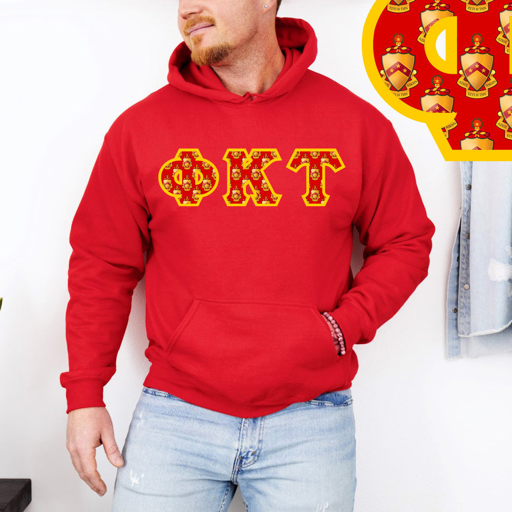 Phi Kappa Tau Fraternity Crest Shield Twill Letter Hooded Sweatshirt Phi Kappa Tau Fraternity Crest - Shield Twill Letter Hooded Sweatshirt