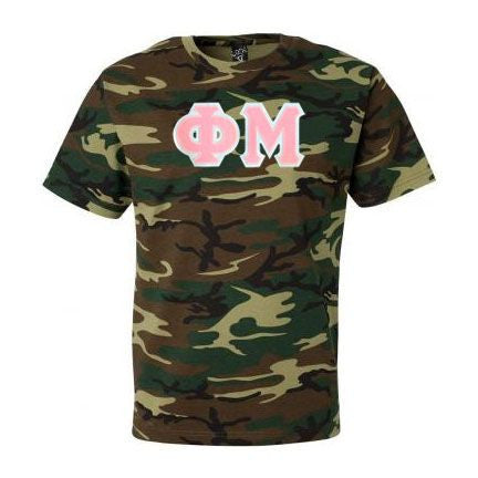 Discount Phi Mu Lettered Camouflage T Shirt DISCOUNT-Phi Mu Lettered Camouflage T-Shirt