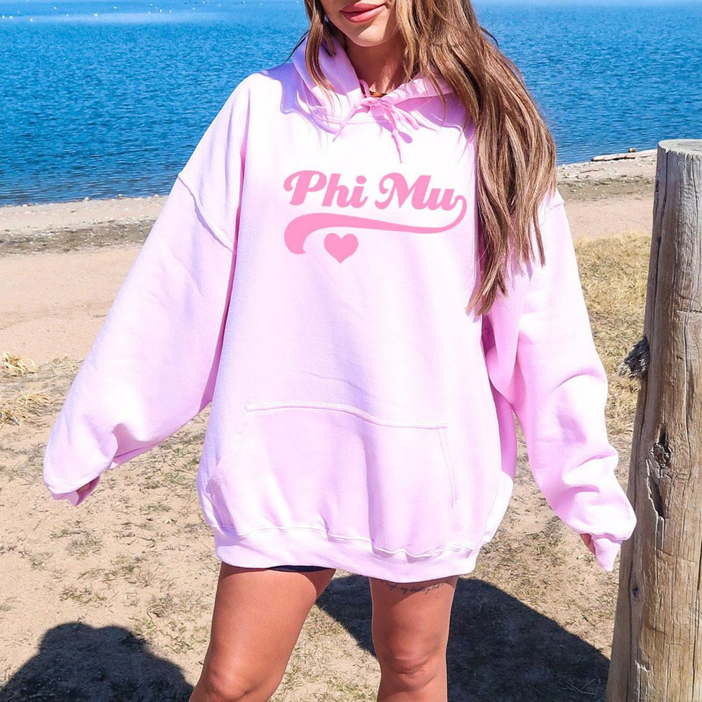 Phi Mu Script Heart Greek Hoodie Phi Mu Script Heart Greek Hoodie