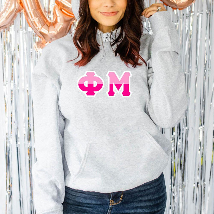 Printify Phi Mu Two Tone Lettered Hooded Sweatshirts Phi Mu Two Tone Lettered Hooded Sweatshirts