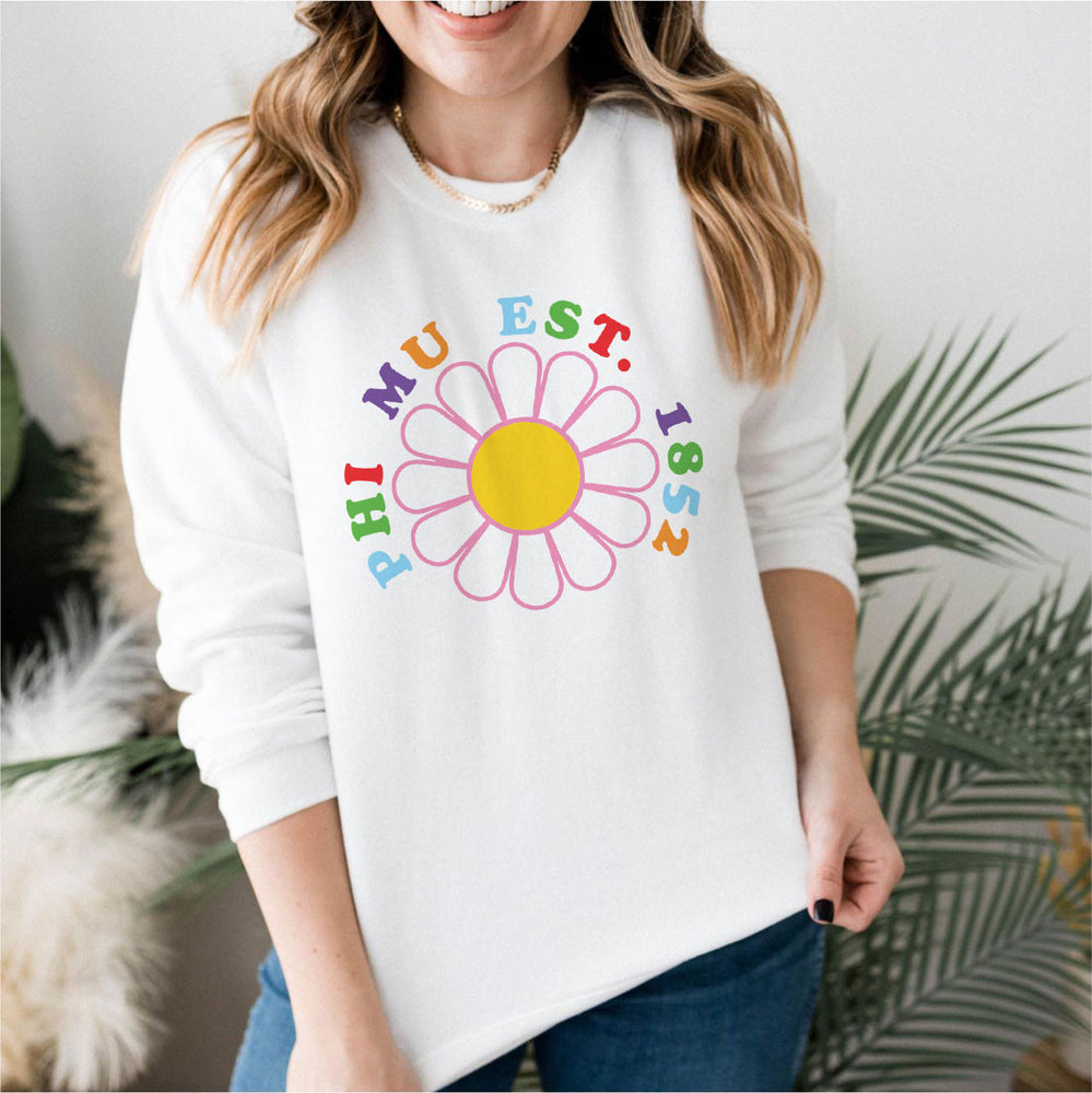 Phi Mu Rainbow Daisy Crewneck Sweatshirt Phi Mu Rainbow Daisy Crewneck Sweatshirt