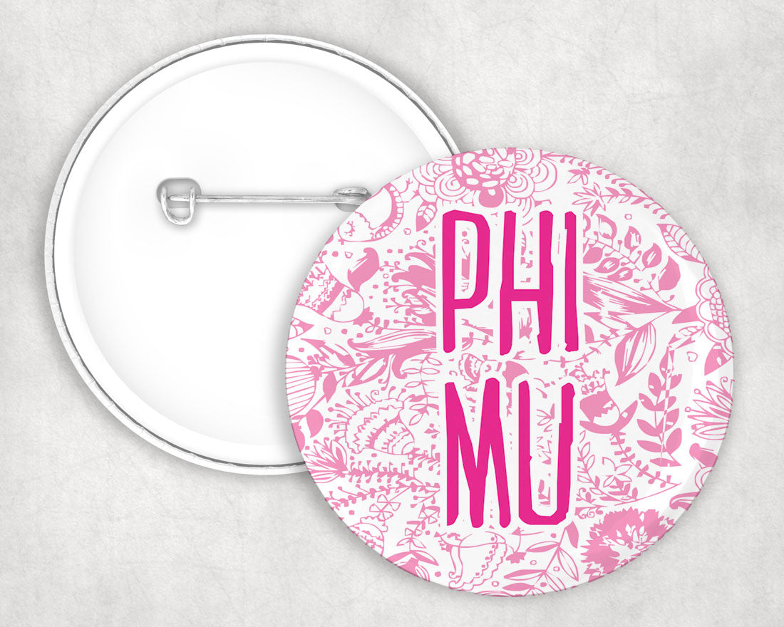 Phi Mu Floral Text Pin Buttons Phi Mu floral-text Pin Buttons