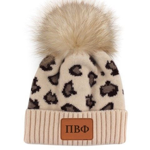 Pi Beta Phi Pi Beta Phi Leopard Print Knit Pom Pom Beanies